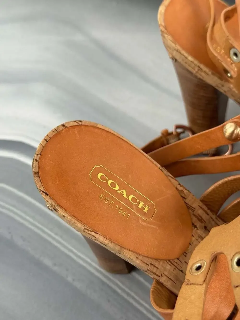 Coach Tan Woven Leather Strappy Cork Platform Sandals Size 8.5 - Picture 3 of 8